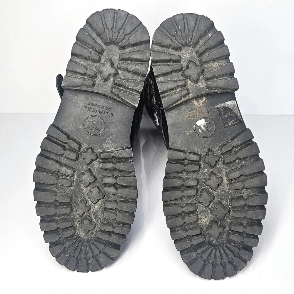 Chanel Calfskin Tweed Nylon Printed Boots 37.5 Black CC Logo Lug Sole